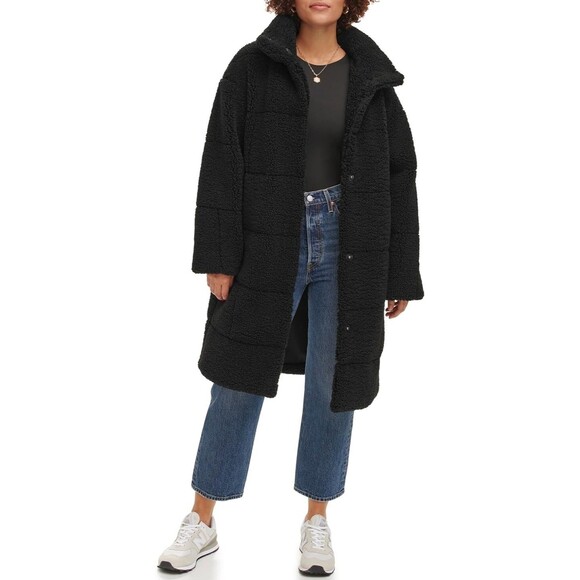 Levi's women's Long Length Patchwork Quilted Teddy Coat Black Size MEDIUM - Picture 2 of 9